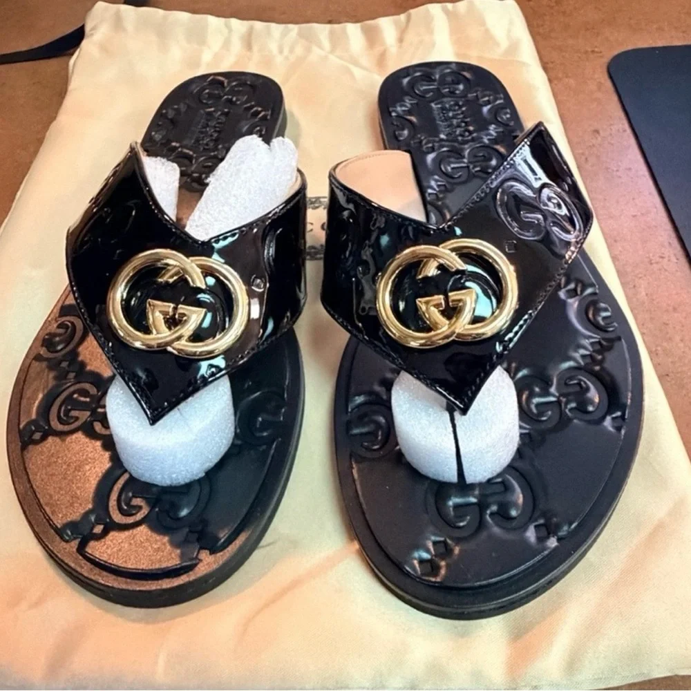 GG Black Patent Thong Sandals with Gold Double G -37 - Picture 5 of 8